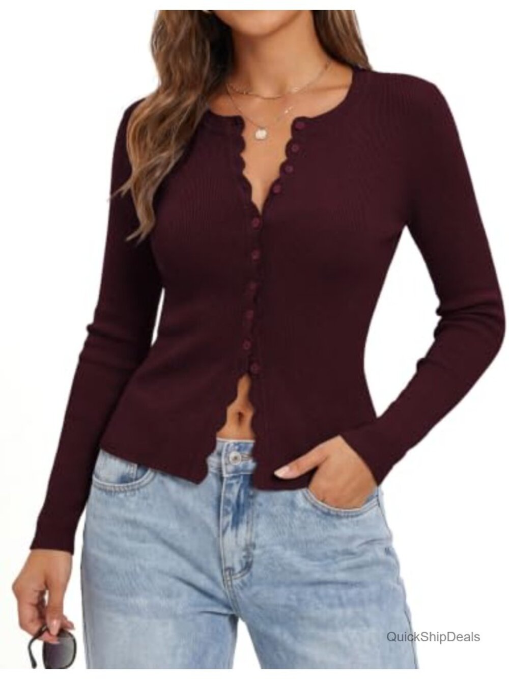 Womens Cropped Cardigan Scalloped Button Up Soft Knit Sweater